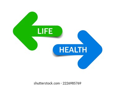 Two colored arrows, life, health, shadow and white background