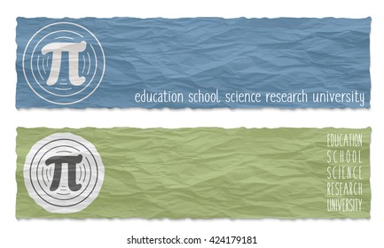 Two colored banners of crumpled paper with pi icon