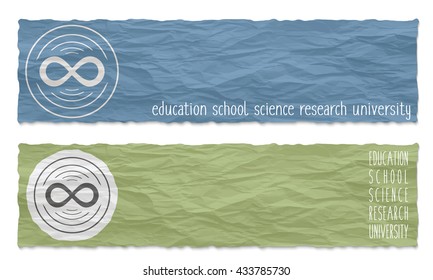 Two colored banners of crumpled paper and symbol of infinity