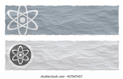 Two colored banners of crumpled paper and science symbol