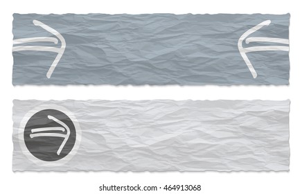 Two colored banners of crumpled paper and hand written arrow