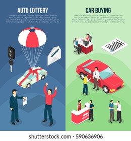 Two colored car dealership leasing vertical banner set with auto lottery and car buying descriptions vector illustration