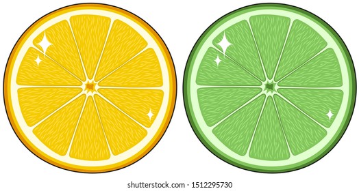 Two colored cartoon juicy bits of citrus