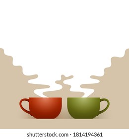 Two colored ceramic cups of fresh hot drink are standing side by side, white steam is above them, with space for your text and design. Concept of joint tea time, drinking of green and black tea