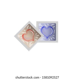 Two colored condoms, red and blue, with heart on a white background.