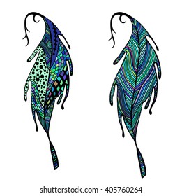 two colored feathers on white background: zentangle feather and linear feather
