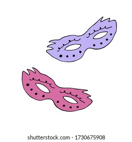 Two colored festive masks on a white background.  Isolated objects.  For card,  festive,  website,  design. 