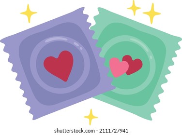 Dos condones planos de colores con corazones