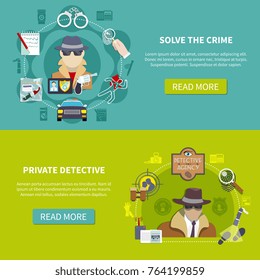 Two colored and flat detective banner set with solve the crime and private detective descriptions vector illustration