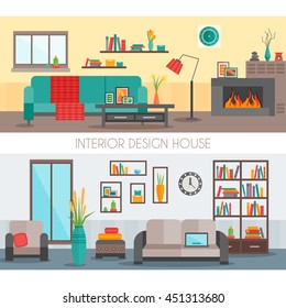 Two colored flat interior compositions with two various types of interior decoration vector illustration