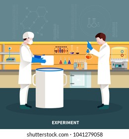 Two colored flat scientists people composition conducting an experiment in a lab vector illustration