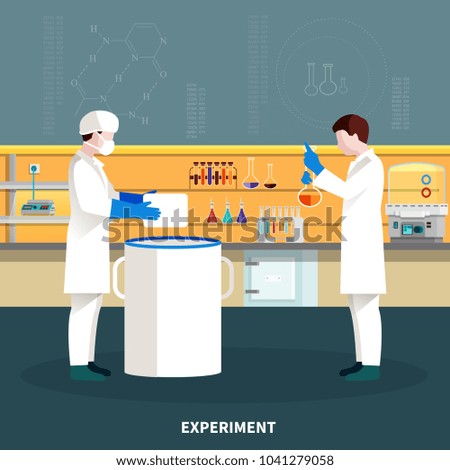 Two colored flat scientists people composition conducting an experiment in a lab vector illustration
