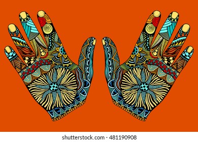 Two Colored Floral palm, hand drawn zentangle style for our design. Vector illustration, Isolated on white
