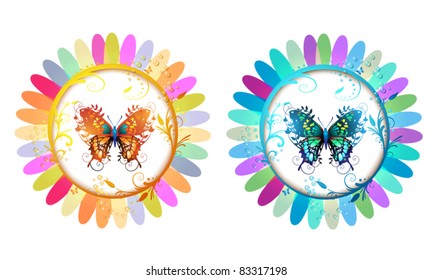 Two colored flowers with butterflies