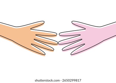 Dos manos de color que se alcanzan entre sí. Símbolo de Vector.