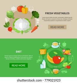 Two colored healthy eating banner set with fresh vegetables and diet descriptions vector illustration