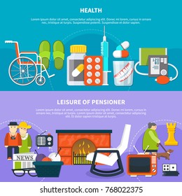 Two colored horizontal banner set with health and leisure of pensioner descriptions vector illustration