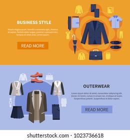Two colored horizontal clothes banner set with business style and outerwear descriptions vector illustration