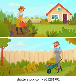 Two colored horizontal gardening banner set with seedlings and watering flower beds vector illustration