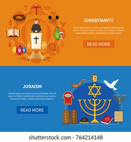 Two colored horizontal religions banner set with Christianity and Judaism descriptions and read more buttons vector illustration