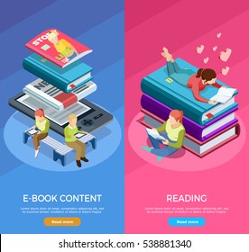 Two colored isometric vertical reading banner set with e book content and reading descriptions vector illustration