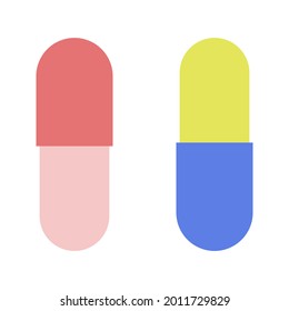 Dos cápsulas medicinales de color. Medicamentos o suplementos dietéticos para el tratamiento. Medicamentos curativos. Control de enfermedades. Iconos de almohadilla a la moda. Medicina farmacéutica, atención de la salud y medicamentos.