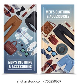 Two colored men accessories vertical banner set with men s clothing and accessories description vector illustration