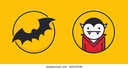 Two colored outline circle icons with bat silhouette and vampire isolated on yellow background