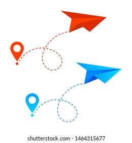 Two colored paper planes flying in the air. Good concept for web design illustration. Vector design. Advertisement art. Tag navigation concept for logistic. 