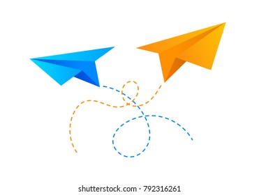 Two colored paper planes flying in the air. Good concept for web design illustration. Vector design. Advertisement art. 