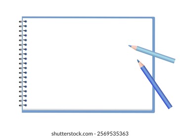 Two colored pencils and a blue-covered sketchbook. The ample copy space can hold anything you want, from a title to a long piece of text.