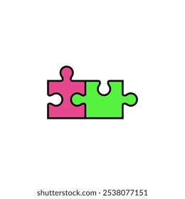 Two colored puzzle pieces joined together.	
