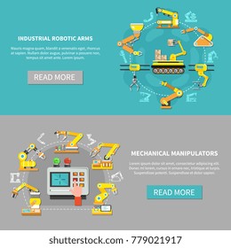 Two colored robotic arm banner set with mechanic manipulators and industrial robotic arms descriptions vector illustration