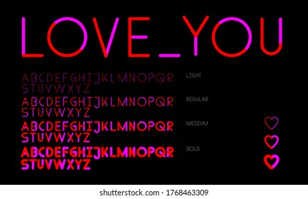 Two colored rounded, monospace Love You font family alphabet in red and pink on black background, in light, regular, medium, bold cut.