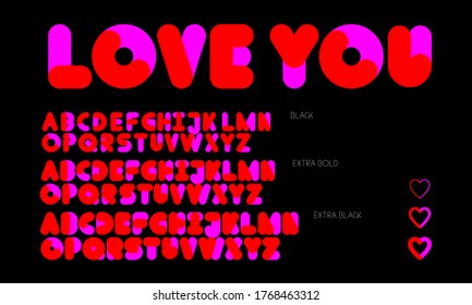 Two colored rounded monospace Love You font typeface family alphabet in white and beige on a red background, in black, extra back, ultra-black cut.