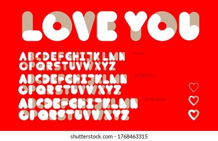 Two colored rounded monospace Love You font family alphabet in white and beige on a red background, in black, extra back, ultra-black cut.