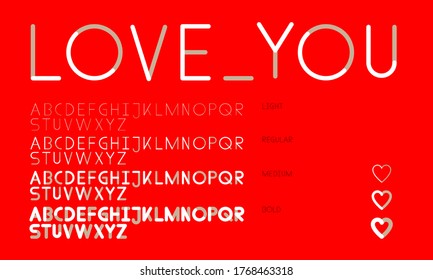 Two colored rounded monospace Love You font family alphabet in white and beige on a red background, in light, regular, medium, bold cut.