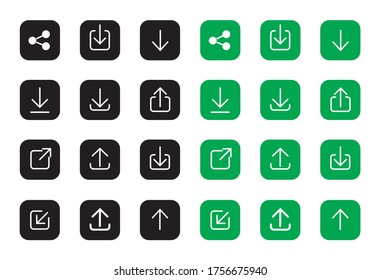 Juego de iconos de dos colores Compartir, Cargar y Descargar línea. Colección de iconos de flecha arriba y abajo para guardar en el dispositivo, enviar, iniciar sesión, cerrar sesión en el fondo relleno para aplicaciones móviles y webs.  