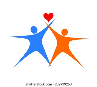 Two colored silhouette of lovers holding heart. Vector illustration