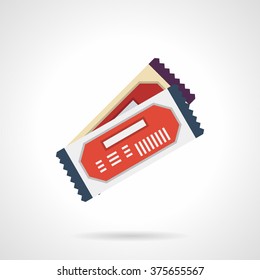 Two colored tickets for pass to party, cinema or theatre. Gift coupons. Flat color style single vector icon. Web design element for site, mobile and business.