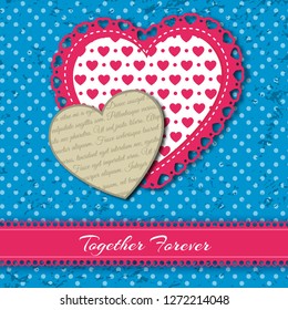 Two colored valentine s hearts made of fabric with patterns and ruffles vector illustration