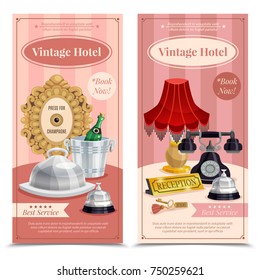 Two colored vintage hotel vertical banner set with best service book now descriptions vector illustration