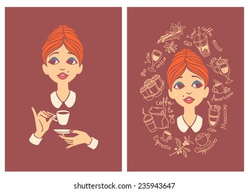 Two colored vintage postcards - young beautiful woman drinking coffee  - for cafe menu, fliers or signboard