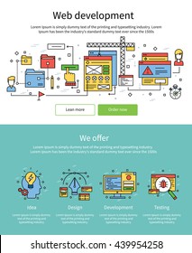 Two colored web development banner set with titles web development we offer and buttons at the bottom learn more and order now vector illustration