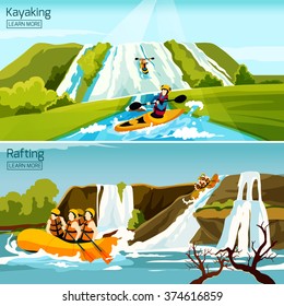 Two colorful active water sport compositions with people busy in rafting canoeing kayaking flat vector illustration