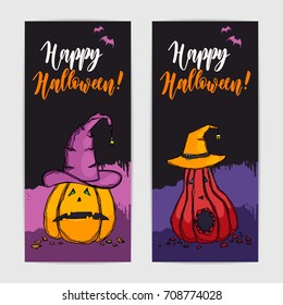 Two colorful banners with funny halloween pumpkins. Hand drawn illustration with hand lettering headline.