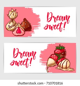 Two colorful banners with sweet chocolate candies. Hand drawn illustration with hand lettering headline.