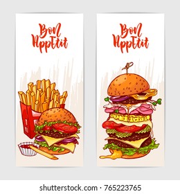 Two colorful banners with yummy burgers and french fries. Hand drawn illustration with hand lettering headline.