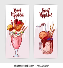 Two colorful banners with yummy monster shakes. Hand drawn illustration with hand lettering headline.