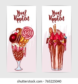 Two colorful banners with yummy monster shakes. Hand drawn illustration with hand lettering headline.